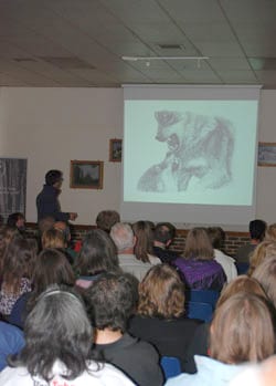 Wolf artwork by Su Shimeld displayed at Wolf symposium promoting  A New Era for Wolves book